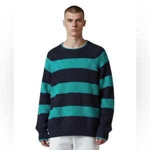 VTG FLUID Men’s Chunky Striped Sweater Navy/Teal Sz L Grunge Streetwear OverSize